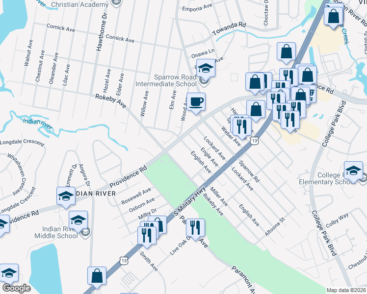 map of restaurants, bars, coffee shops, grocery stores, and more near 1719 English Avenue in Chesapeake