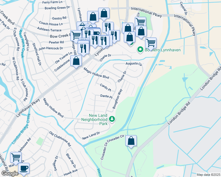 map of restaurants, bars, coffee shops, grocery stores, and more near 2908 Cardo Place in Virginia Beach