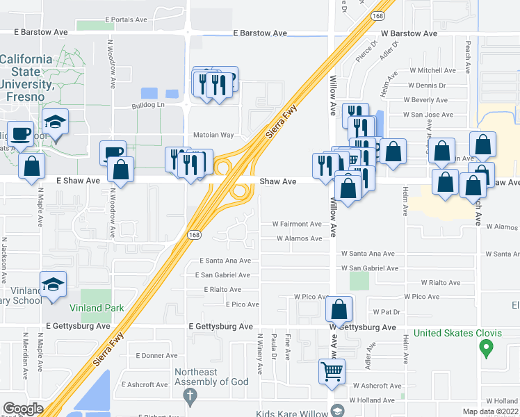 map of restaurants, bars, coffee shops, grocery stores, and more near 2155 N Winery Ave in Fresno