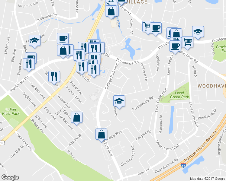 map of restaurants, bars, coffee shops, grocery stores, and more near 6312 Auburn Drive in Virginia Beach