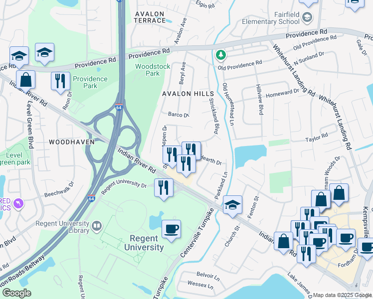 map of restaurants, bars, coffee shops, grocery stores, and more near 5640 Woodruff Circle in Virginia Beach