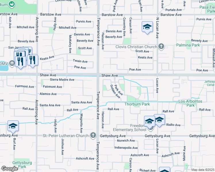 map of restaurants, bars, coffee shops, grocery stores, and more near 2155 Applegate Avenue in Clovis