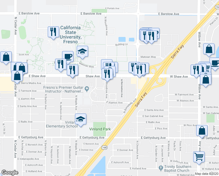 map of restaurants, bars, coffee shops, grocery stores, and more near 4910 North Woodrow Avenue in Fresno