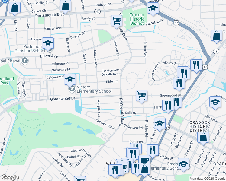 map of restaurants, bars, coffee shops, grocery stores, and more near 21 Appomattox Avenue in Portsmouth