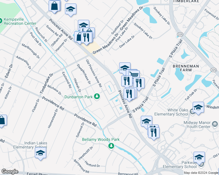 map of restaurants, bars, coffee shops, grocery stores, and more near 4528 Shallowford Circle in Virginia Beach