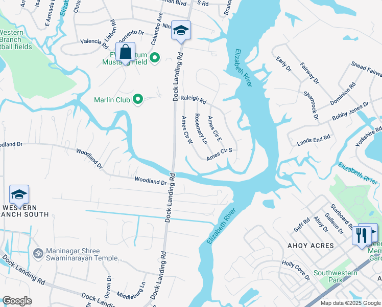 map of restaurants, bars, coffee shops, grocery stores, and more near 1884 Ames Circle West in Chesapeake