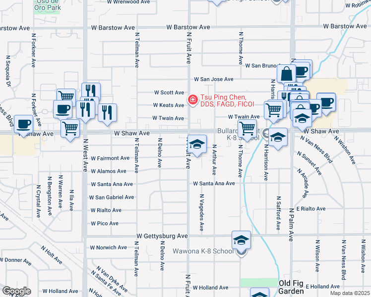 map of restaurants, bars, coffee shops, grocery stores, and more near 4939 North Fruit Avenue in Fresno