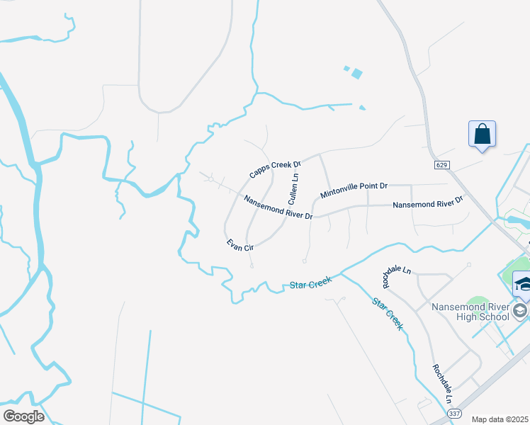map of restaurants, bars, coffee shops, grocery stores, and more near 4000 Capps Creek Drive in Suffolk