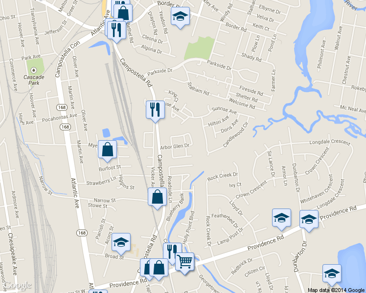 map of restaurants, bars, coffee shops, grocery stores, and more near 2616 Arbor Glen Drive in Chesapeake