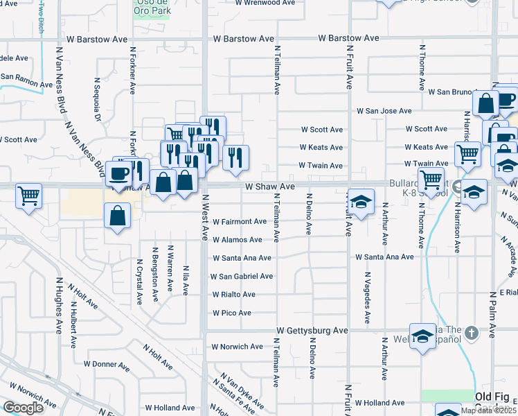 map of restaurants, bars, coffee shops, grocery stores, and more near 949 West Sierra Madre Avenue in Fresno
