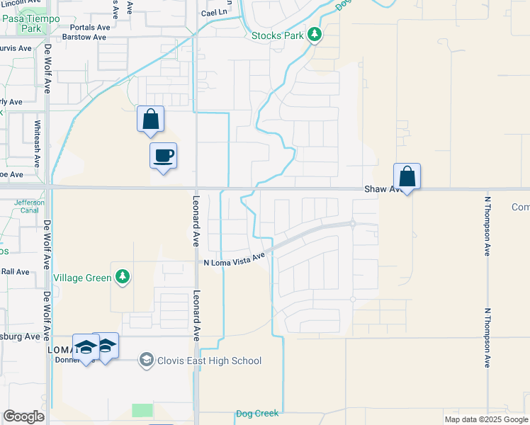 map of restaurants, bars, coffee shops, grocery stores, and more near 2145 North Agua Dulce Avenue in Clovis