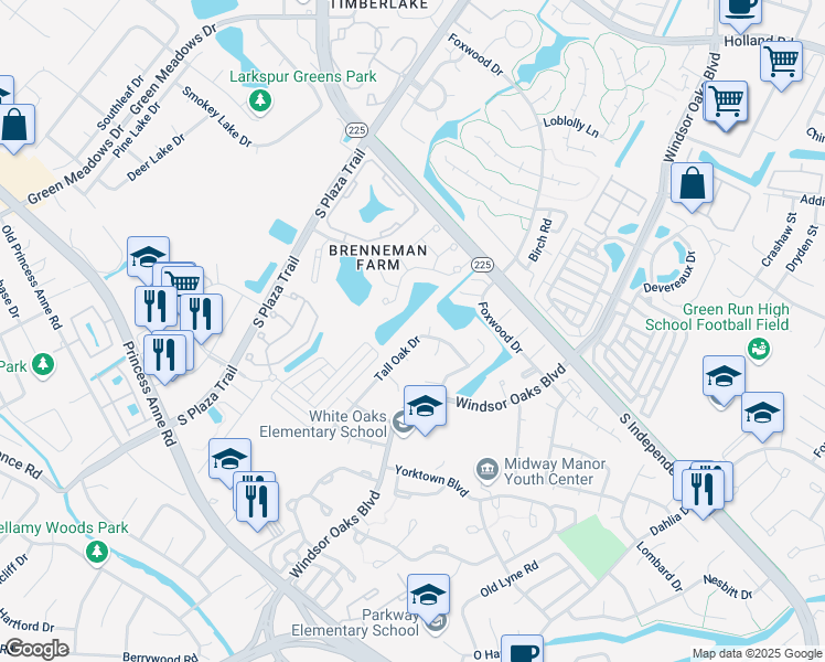 map of restaurants, bars, coffee shops, grocery stores, and more near 1061 Tall Oak Drive in Virginia Beach