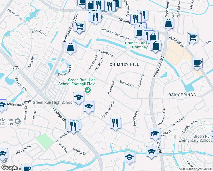 map of restaurants, bars, coffee shops, grocery stores, and more near 902 Chimney Hill Parkway in Virginia Beach