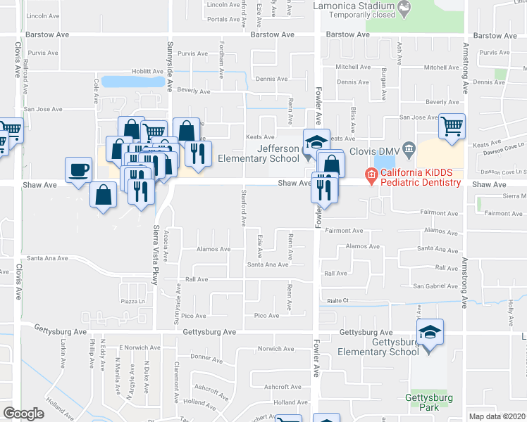 map of restaurants, bars, coffee shops, grocery stores, and more near 2145 Stanford Avenue in Clovis