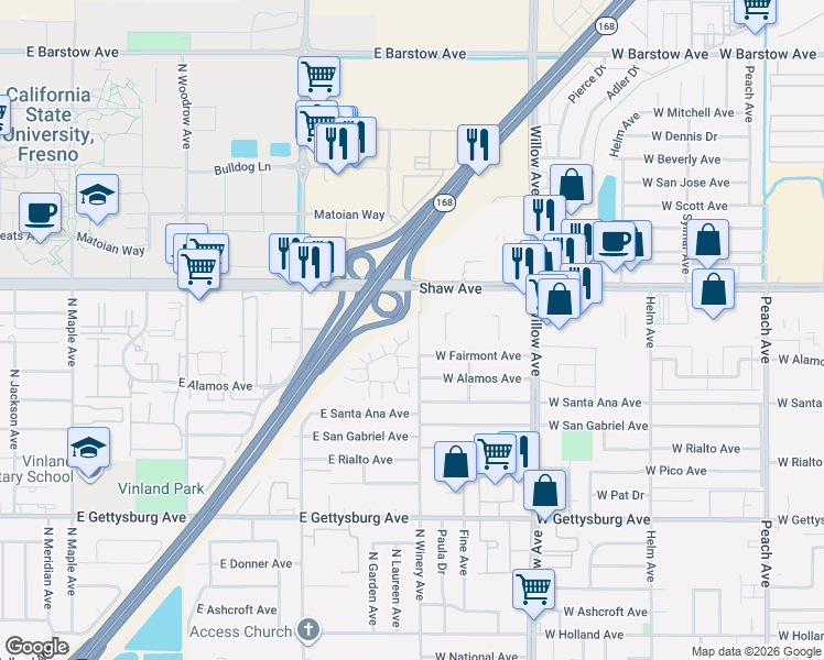 map of restaurants, bars, coffee shops, grocery stores, and more near 2113 North Winery Avenue in Clovis