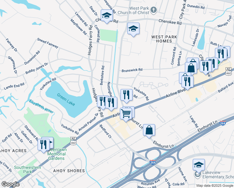 map of restaurants, bars, coffee shops, grocery stores, and more near 2000 Elmhurst Lane in Portsmouth