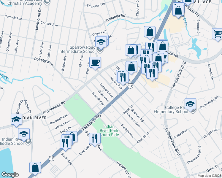 map of restaurants, bars, coffee shops, grocery stores, and more near 1808 Lockard Avenue in Chesapeake