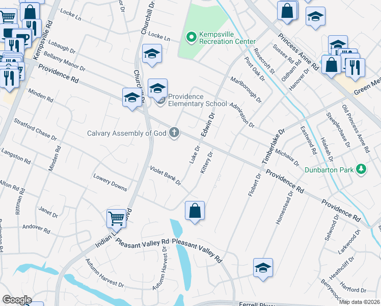 map of restaurants, bars, coffee shops, grocery stores, and more near 1109 Luke Drive in Virginia Beach