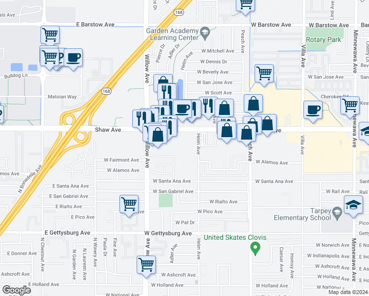 map of restaurants, bars, coffee shops, grocery stores, and more near 2110 Helm Avenue in Clovis