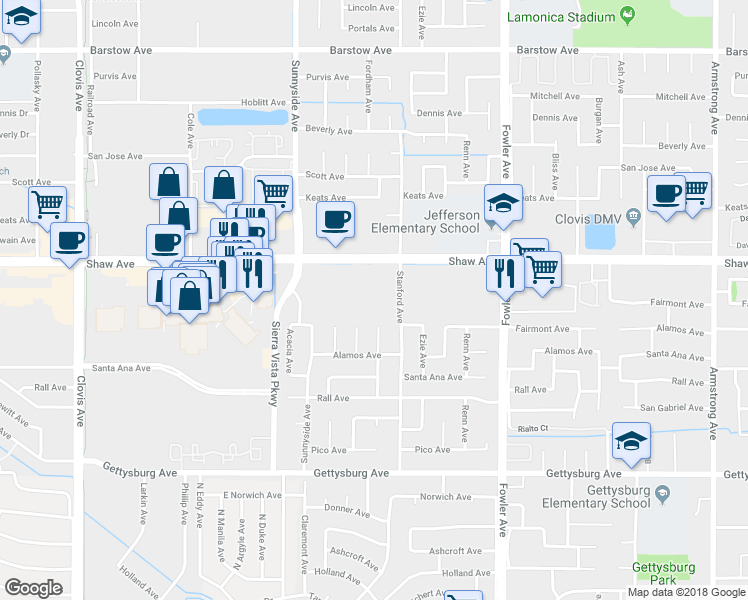 map of restaurants, bars, coffee shops, grocery stores, and more near 2152 Stanford Avenue in Clovis