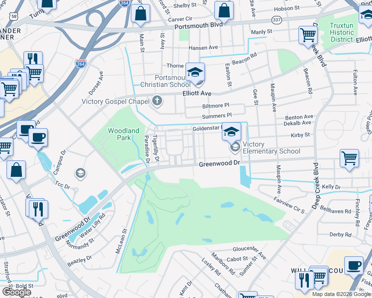 map of restaurants, bars, coffee shops, grocery stores, and more near 326 Harmony Drive in Portsmouth
