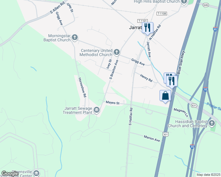 map of restaurants, bars, coffee shops, grocery stores, and more near 420 South Braxton Avenue in Jarratt