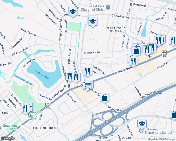 map of restaurants, bars, coffee shops, grocery stores, and more near 505 Delham Road in Portsmouth