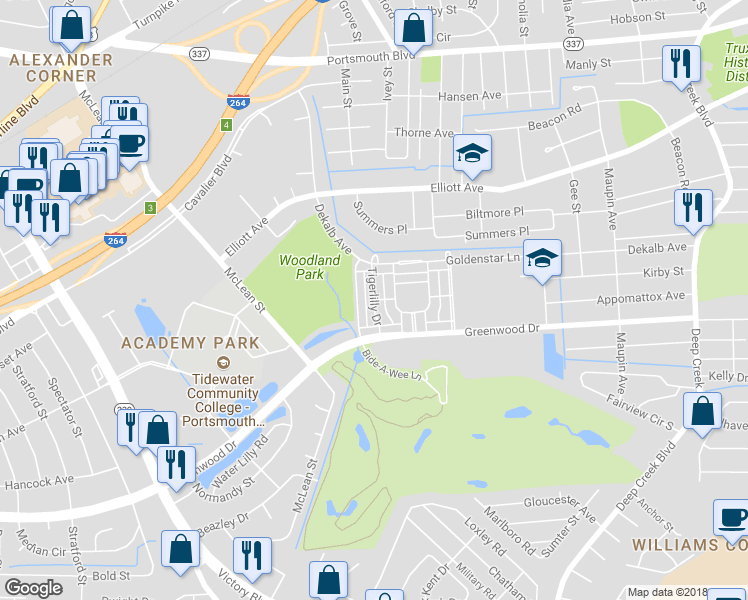 map of restaurants, bars, coffee shops, grocery stores, and more near 2998 Sunflower Lane in Portsmouth