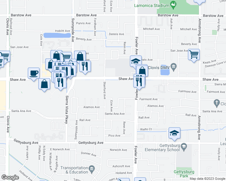 map of restaurants, bars, coffee shops, grocery stores, and more near 2145 Stanford Avenue in Clovis
