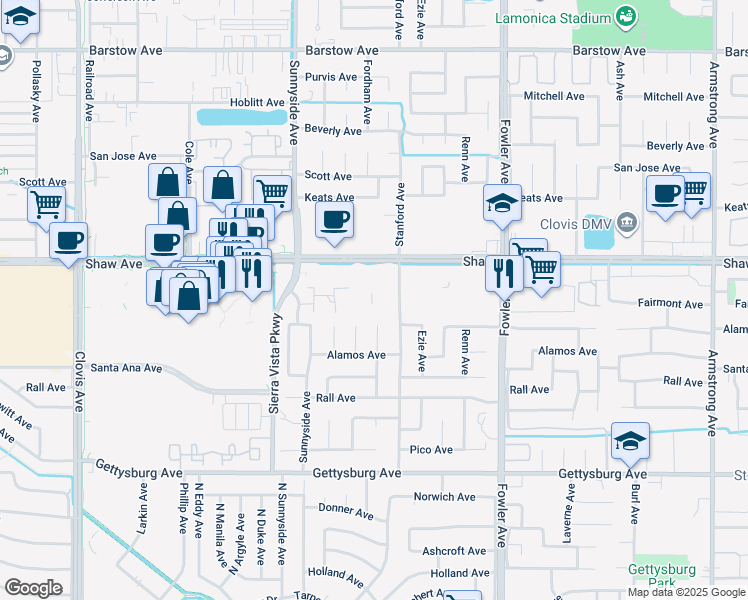 map of restaurants, bars, coffee shops, grocery stores, and more near 2152 Stanford Avenue in Clovis