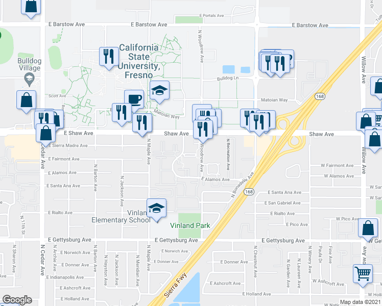 map of restaurants, bars, coffee shops, grocery stores, and more near 4920 North Backer Avenue in Fresno