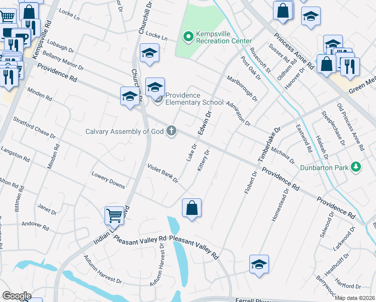 map of restaurants, bars, coffee shops, grocery stores, and more near 1109 Luke Drive in Virginia Beach