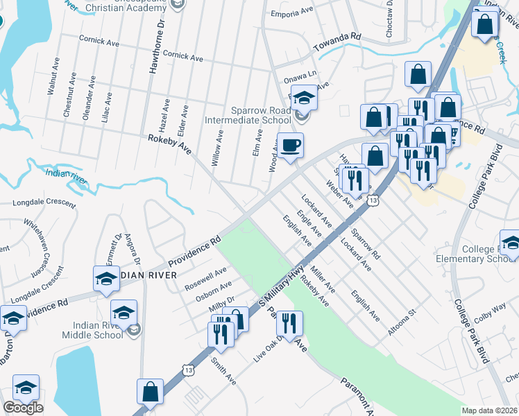 map of restaurants, bars, coffee shops, grocery stores, and more near 1719 English Avenue in Chesapeake