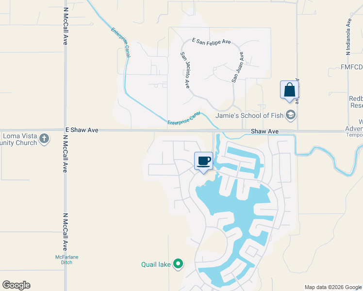 map of restaurants, bars, coffee shops, grocery stores, and more near 4886 North Crystal Springs Court in Clovis