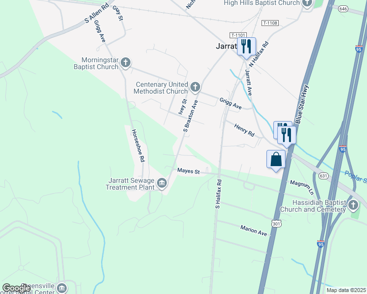 map of restaurants, bars, coffee shops, grocery stores, and more near 420 South Braxton Avenue in Jarratt