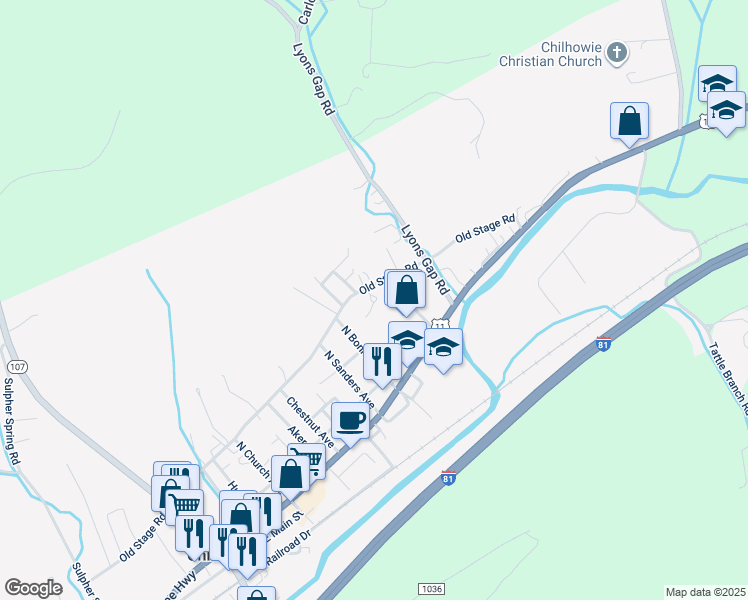 map of restaurants, bars, coffee shops, grocery stores, and more near 1208 Old Stage Road in Chilhowie