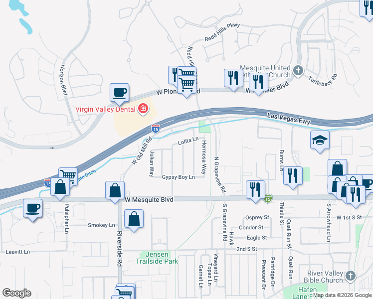 map of restaurants, bars, coffee shops, grocery stores, and more near 257 Hiawatha Way in Mesquite