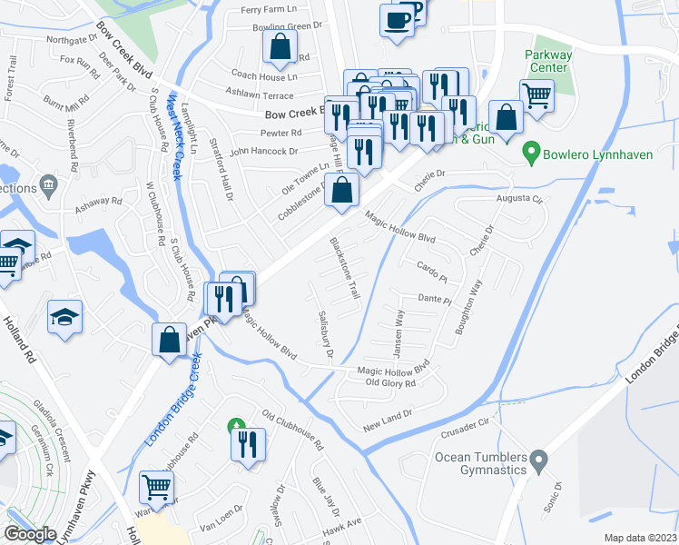 map of restaurants, bars, coffee shops, grocery stores, and more near 3055 Breslaw Court in Virginia Beach