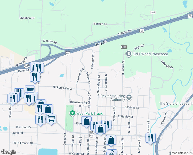 map of restaurants, bars, coffee shops, grocery stores, and more near 211 Hunt Street in Dexter