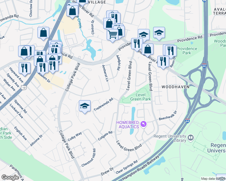 map of restaurants, bars, coffee shops, grocery stores, and more near 1048 Lockwood Court in Virginia Beach