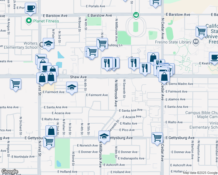 map of restaurants, bars, coffee shops, grocery stores, and more near 4919 North Millbrook Avenue in Fresno