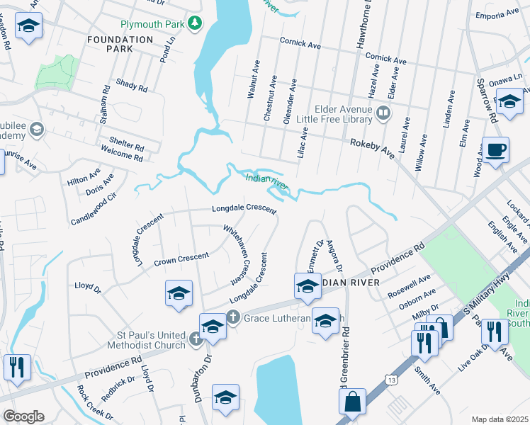 map of restaurants, bars, coffee shops, grocery stores, and more near 549 Longdale Crescent in Chesapeake