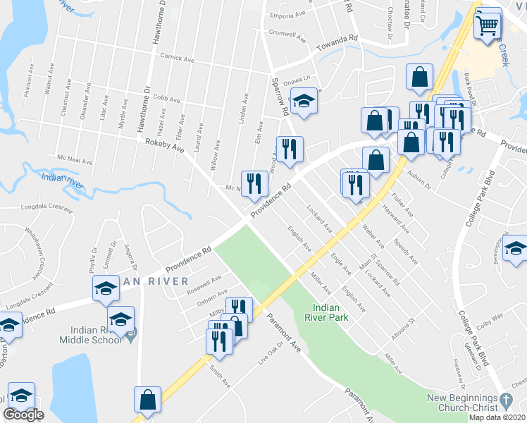 map of restaurants, bars, coffee shops, grocery stores, and more near 811 Providence Road in Chesapeake