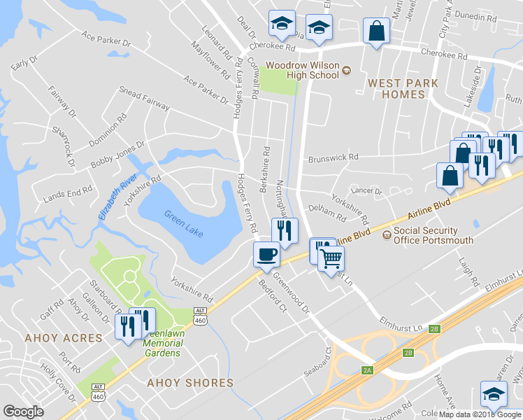 map of restaurants, bars, coffee shops, grocery stores, and more near 710 Berkshire Road in Portsmouth