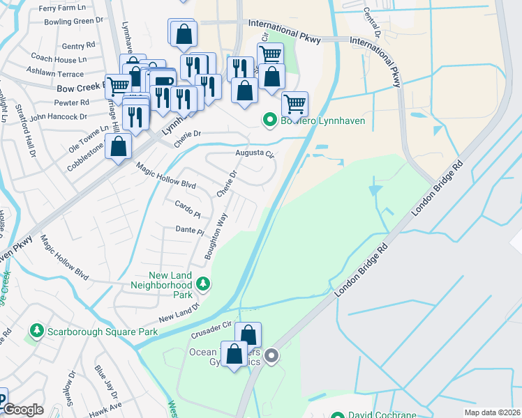 map of restaurants, bars, coffee shops, grocery stores, and more near 2848 Bamberg Place in Virginia Beach