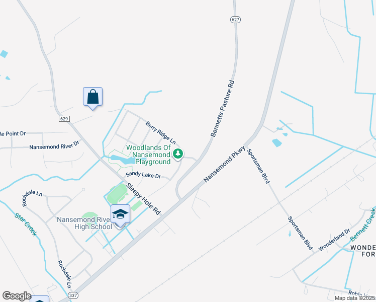 map of restaurants, bars, coffee shops, grocery stores, and more near 106 Woodhaven Drive in Suffolk