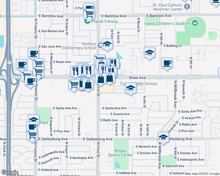 map of restaurants, bars, coffee shops, grocery stores, and more near 1077 East Shaw Avenue in Fresno