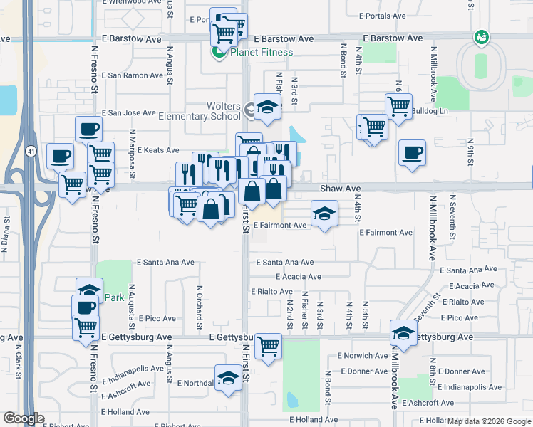 map of restaurants, bars, coffee shops, grocery stores, and more near 1071 East Shaw Avenue in Fresno