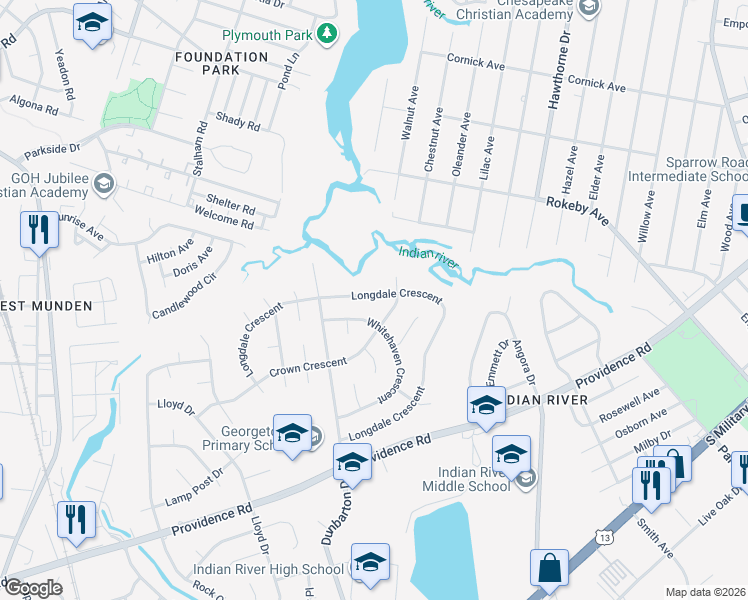 map of restaurants, bars, coffee shops, grocery stores, and more near 525 Longdale Crescent in Chesapeake