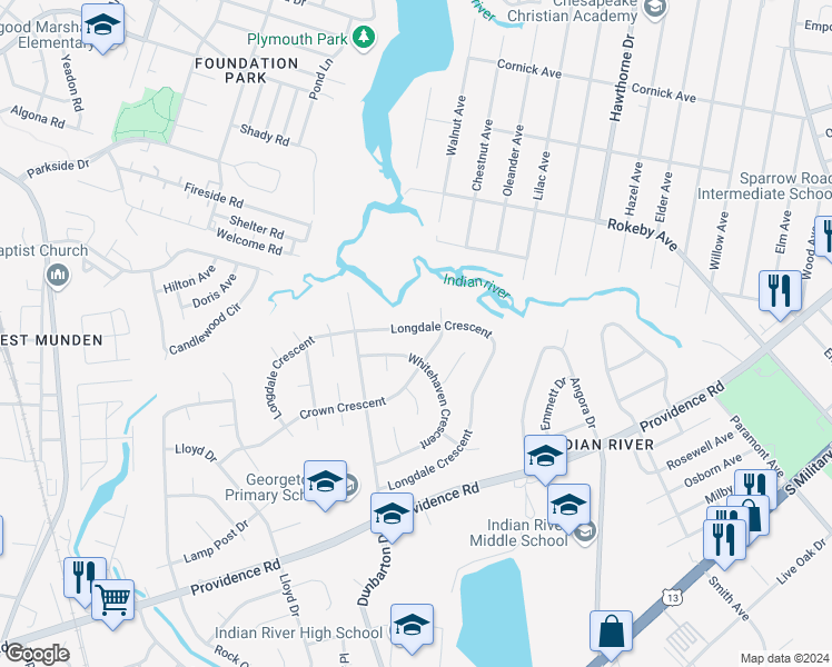 map of restaurants, bars, coffee shops, grocery stores, and more near 525 Longdale Crescent in Chesapeake